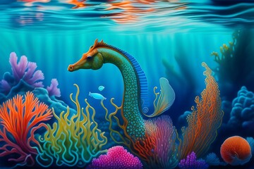 Fototapeta na wymiar Rendering of Graceful Seahorse in Turquoise Waters. Generative AI. 