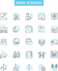 High school vector line icons set. High school, Education, Adolescence, Pupils, Graduates, Learning, Diploma illustration outline concept symbols and signs