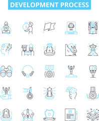 Development process vector line icons set. Process, Development, Planning, Implementation, Design, Management, Analysis illustration outline concept symbols and signs