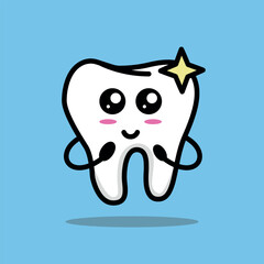 Cute Healthy Tooth Illustration on a blue background. Teeth care and hygiene concept. EPS Vector
