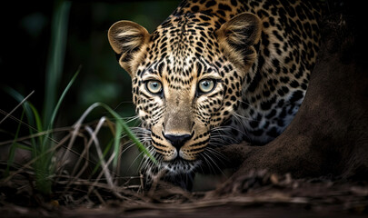 Fototapeta na wymiar Crouching leopard on the hunt in the forest by generative AI