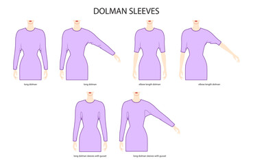 Set of Dolman sleeves Magyar clothes - long, elbow, with gusset length technical fashion illustration with fitted body. Flat apparel template front side. Women, men unisex CAD mockup