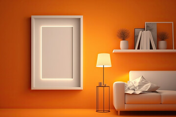 blank frame image, bright lamp, trendy vase, in modern living room with sofa and orange background wall