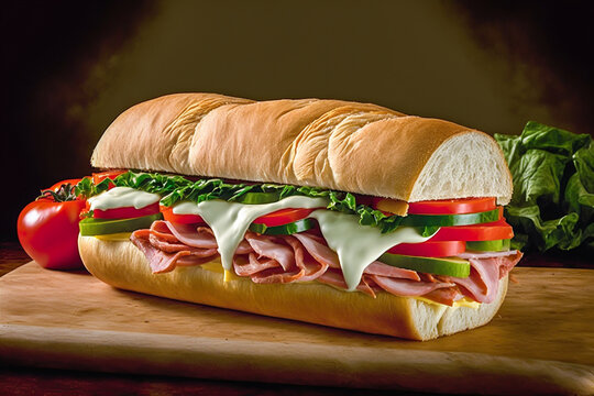 Large size of sandwich with tomato, ham onion, lettuce and cheese in rustic mood. Made with Generative AI