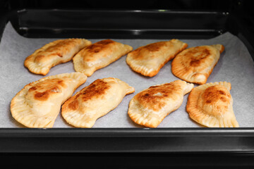 Baking sheet with tasty meat empanadas in oven, closeup
