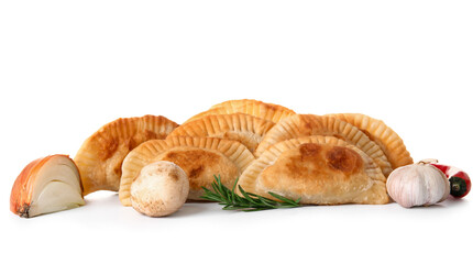 Tasty meat empanadas and spices on white background