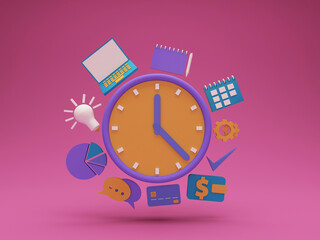 Time management concept with clock and pie graph, laptop, calendar, notepad, gear, wallet, credit card, chat icon, bulb. business analysis. front view. 3d rendering illustration.