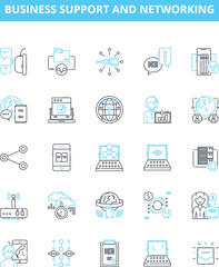 Fototapeta na wymiar Business support and networking vector line icons set. Networking, Business, Connectivity, Support, Facilitation, Relationships, Alliance illustration outline concept symbols and signs