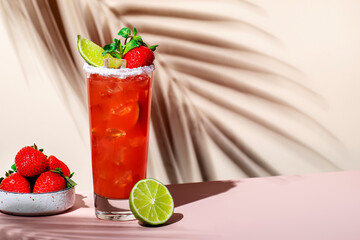 Paloma alcoholic cocktail drink with tequila, grapefruit and lime juice, strawberries, mint and ice in glass with salty rim. Beige pink vanilla background.