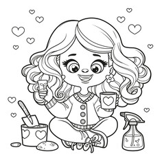 Cute cartoon long haired girl sits on a white background and  transplants plants outlined