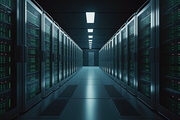 Modern Data center with computer servers. AI generated, human enhanced.