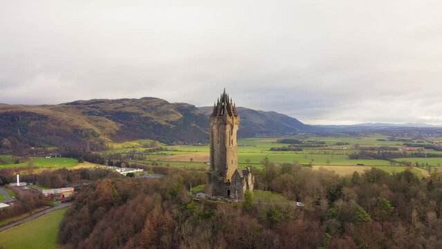 Drone view of Wallace Monument in Stirling, Scotland, United Kingdom.