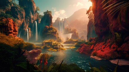 Fototapeta na wymiar A fantastic scene with wild waterfalls in a dense jungle. A mysterious world where the atmosphere of adventure and wild nature reigns. Generative AI