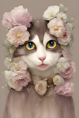 Painted portrait bouquet, floral cat. Nursery decor, wall art, printable illustration. generative AI