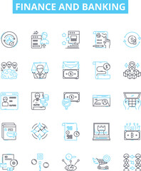 Finance and banking vector line icons set. Banking, Finance, Money, Investment, Savings, Mortgage, Loan illustration outline concept symbols and signs