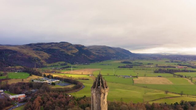 Drone view of Wallace Monument in Stirling, Scotland, United Kingdom.