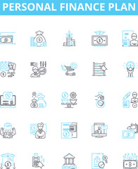 Personal finance plan vector line icons set. Budgeting, Saving, Investment, Credit, Debt, Insurance, Taxation illustration outline concept symbols and signs