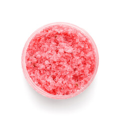 Jar of body scrub on white background