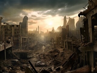 Post-apocalyptic ruined deserted city. Destroyed buildings, destroyed roads, blown up skyscrapers. Generative AI Art.