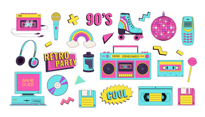 Set of 90s 00s retro devices in modern memphis style. Vintage audio player, cassette, old pc, floppy disk, mobile telephone, skate, game console vector illustration. Nostalgia for 1990s. © Nadezhda Mih