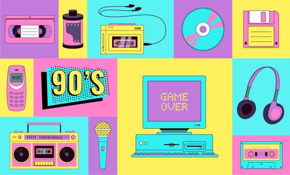 Set of 90s 00s retro devices in modern style. Vintage audio player, cassette, old pc, floppy disk, music box, mobile telephone, skate, game console vector illustration. Nostalgia for 1990s