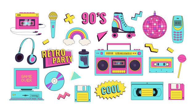 Set of 90s 00s retro devices in modern memphis style. Vintage audio player, cassette, old pc, floppy disk, mobile telephone, skate, game console vector illustration. Nostalgia for 1990s.