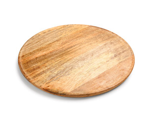 Round wooden kitchen board on white background