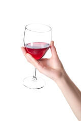 Female hand holding glass of red wine isolated on white background