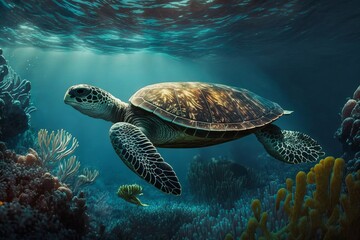 Obraz premium Sea Turtle Swimming in the Sea. Generative AI 