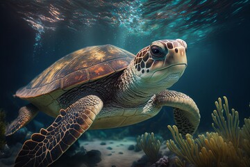 Fototapeta premium Sea Turtle Swimming in the Sea. Generative AI 