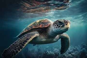 Sea Turtle Swimming in the Sea. Generative AI	
