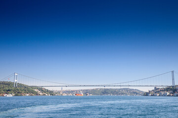 Panorama of the bosphorus strait and the second Bosphorus Bridge; also called faith sultan mehmet koprusu bridge , seen from below. it's a bridge in Istanbul connecting Asian and European side.