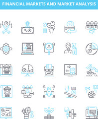 Fototapeta premium Financial markets and market analysis vector line icons set. Finance, Markets, Analysis, Trading, Investing, Stocks, Bonds illustration outline concept symbols and signs