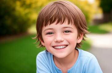 Little positive boy. Portrait of happy kid with smile on face. Generative AI.