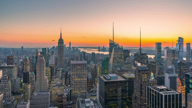 Timelapse of day to night panoramic view on Manhattan in New York City.