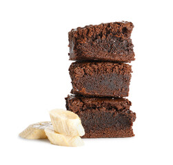 Pieces of tasty chocolate brownie with banana isolated on white background