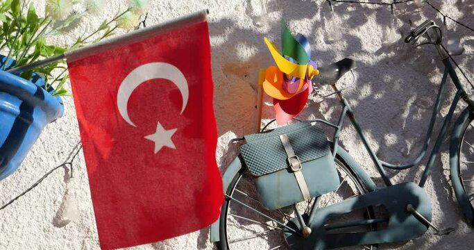 Lgbtq friendly place in turkey. An environmentally friendly mode of transport for moving on exciting trips to local attractions while traveling in Turkey. Retro bike lonely leaning against the wall.