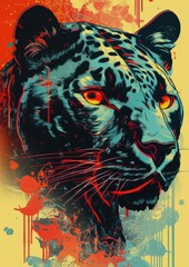 Black Panther / Puma poster. Dramatic Risoprint in limited palette. Generative AI