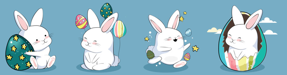 Happy Easter, decorated easter card, banner. Bunnies, Easter eggs, flowers and basket. Folk style patterned design. . Vector illustration