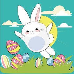 Happy Easter, decorated easter card, banner. Bunnies, Easter eggs, flowers and basket. Folk style patterned design. . Vector illustration