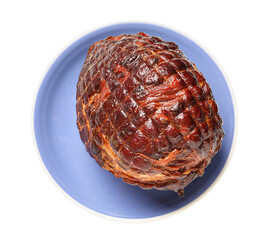 Plate with tasty smoked ham isolated on white background