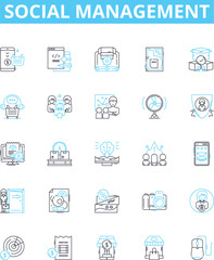Social management vector line icons set. Networking, Promoting, Branding, Organizing, Marketing, Analyzing, Collaborating illustration outline concept symbols and signs