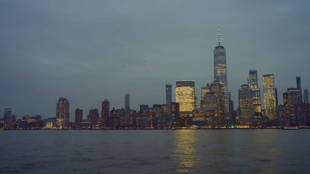 Panoramic view on downtown Manhattan skyline at dusk, New York city