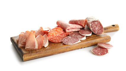 Wooden board with assortment of tasty deli meats isolated on white background