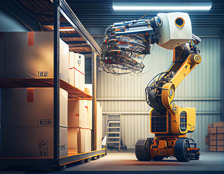 Robot cartoon style center of logistic storage,robot arm with box working in the material industrial.Generative Ai