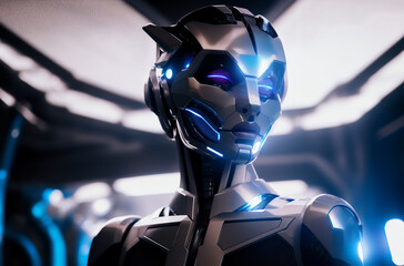 Robot. Portrait of humanoid machine with feminine facial features. Generative AI.