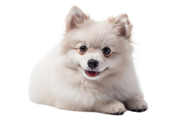 So cute real smiling fluffy puppy lies on white background,
