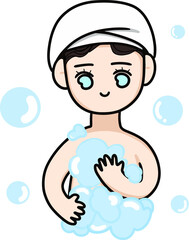 Woman in the bathroom  taking a shower, washing body rubbing with soap.