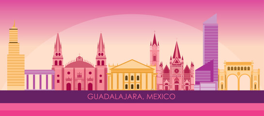 Sunset Skyline panorama of city of Guadalajara, Mexico - vector illustration