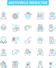 Antivirus medicine vector line icons set. Antiviral, Medicine, Security, Protection, Virus, Software, Shield illustration outline concept symbols and signs